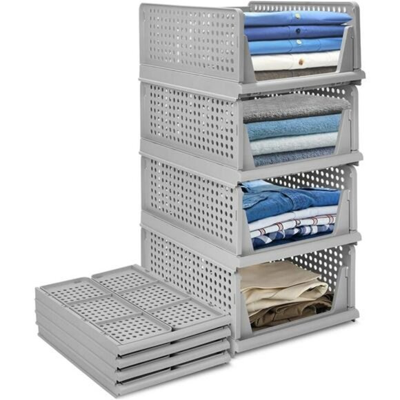 Stackable Folding Plastic Drawer Organizers Closet Storage Bins 4 Pack - Picture 1 of 7